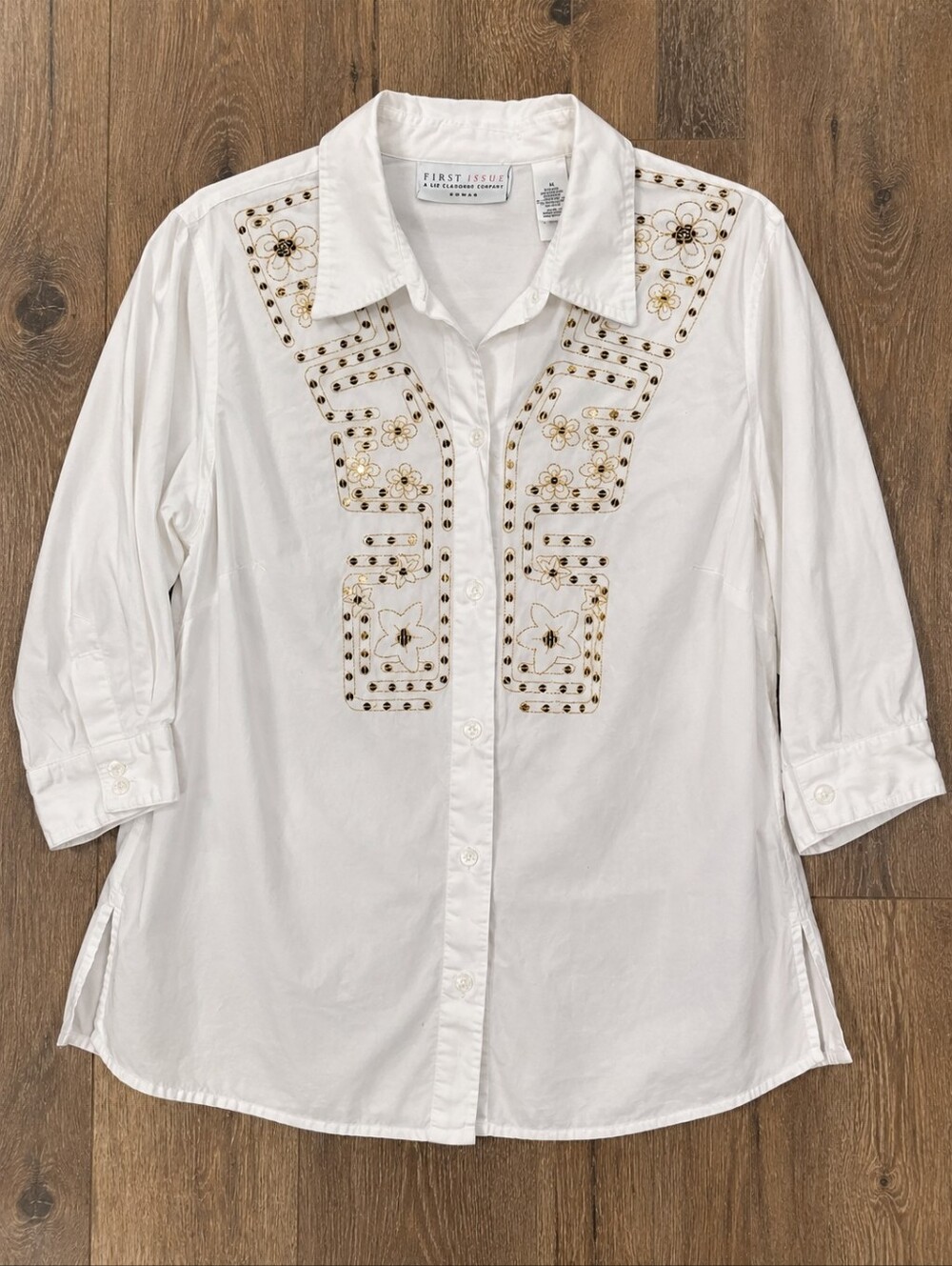 Vintage Liz Claiborne White Button-Front Shirt with Gold Embellishment